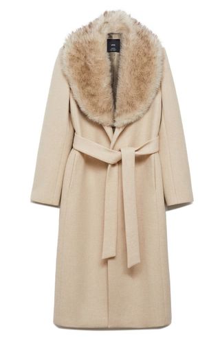 MANGO Dolce Wool Blend Wrap Coat With Removable Faux Fur Collar