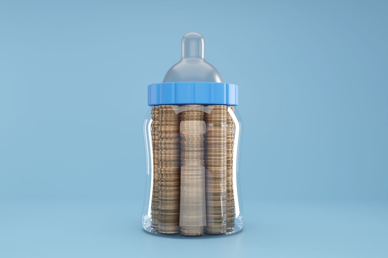 Baby milk bottle filled with gold coins, illustration of childcare costs