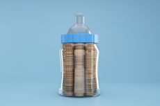 Baby milk bottle filled with gold coins, illustration of childcare costs