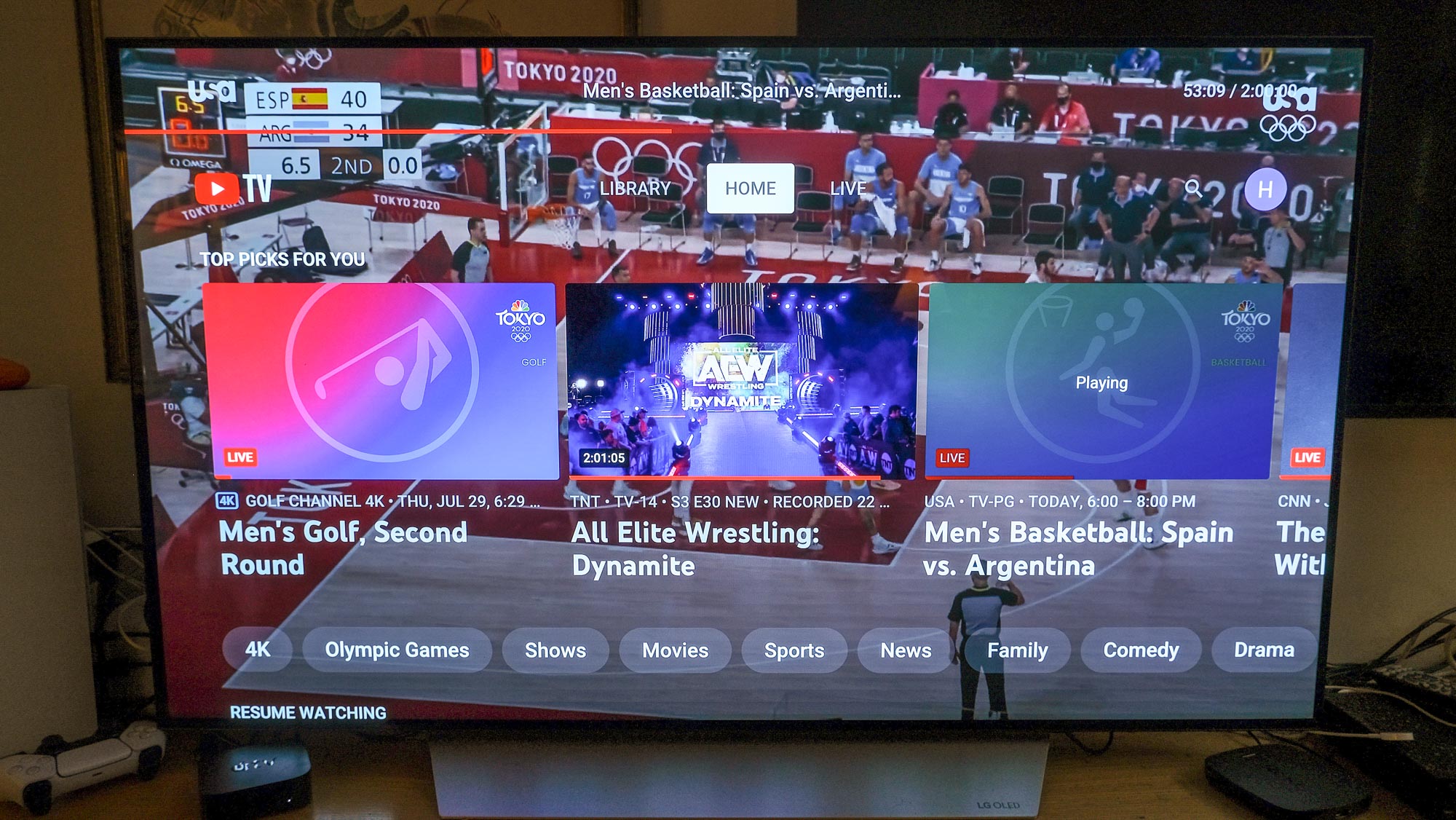 YouTube TV interface over Olympic basketball