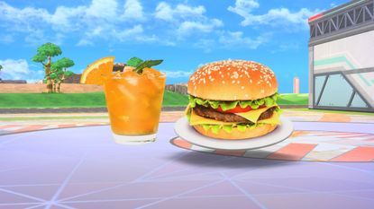 photoreal burger and orange drink in kirby air riders