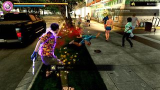 Nearby traffic, Majima slices an enemy with a knife in Like a Dragon: Pirate Yakuza in Hawaii as coins spill out of their body