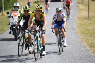 Jumbo-Visma's George Bennett leads Esteban Chaves (Mitchelton-Scott) and eventual stage winner Remco Evenepoel (Deceuninck-QuickStep) on the final climb of the Picón Blanco on stage 3 of the 2020 Vuelta a Burgos