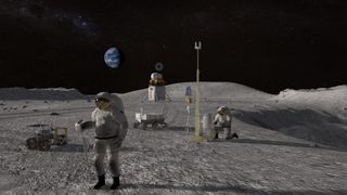 two astronauts are working on the surface of the moon. They are surrounded by equipment and Earth is visible in the background.