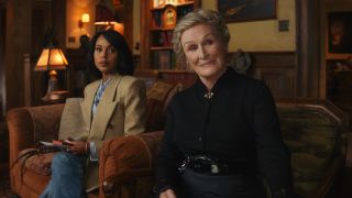 Glenn Close and Kerry Washington seated in chairs next to each other in Wake Up Dead Man