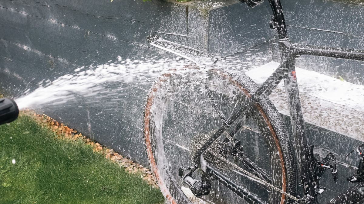 The snow foam attachment on the Muc-Off Mobile Bike Pressure Washer