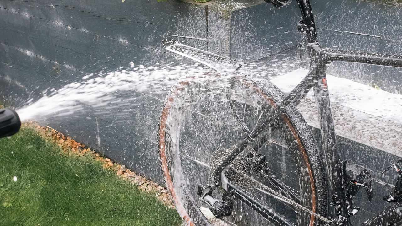 The snow foam attachment on the Muc-Off Mobile Bike Pressure Washer