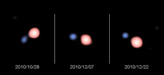 These super-sharp images of the unusual vampire double star system SS Leporis were created from observations made with the VLT Interferometer at the European Southern Observatory's Paranal Observatory in Chile. The system consists of a red giant star orbi
