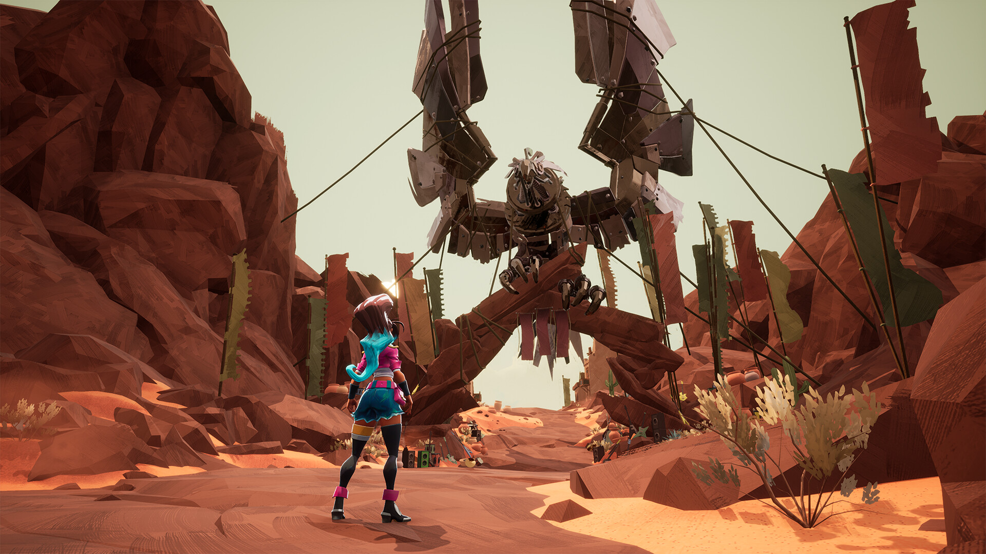 a woman squares off against a big mech