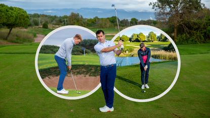 Our experts Dan Grieve, Alex Elliott and Murray Patterson in various chipping positions with a wedge in hand