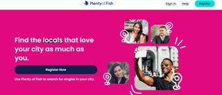 Plenty of Fish Review (pink screen and images of single people in cities)