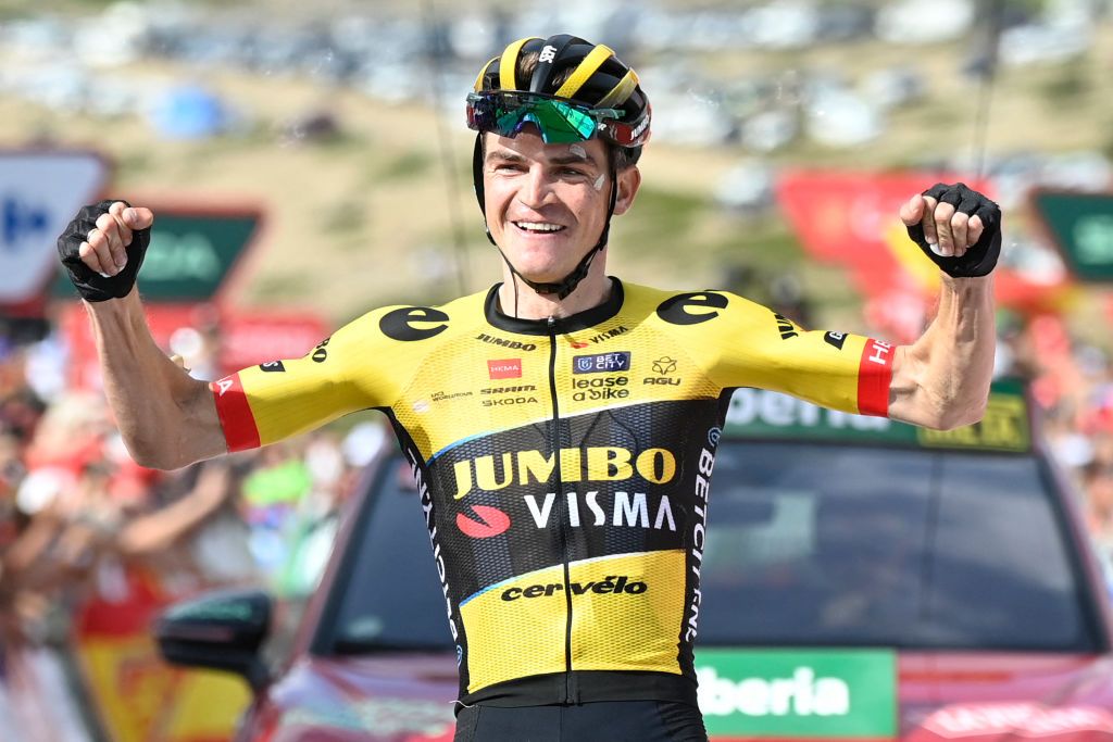 Team JumboVismas US rider Sepp Kuss celebrates winning the sixth stage of the 2023 La Vuelta cycling tour of Spain a 1831 km race from La Vall dUixo to Alto de Javalambre on August 31 2023 Photo by JOSE JORDAN AFP Photo by JOSE JORDANAFP via Getty Images