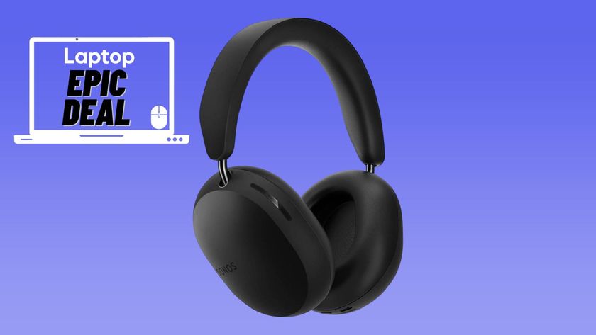 Black Sonos Ace headphones against a blue gradient background with Laptop Mag epic deal badge