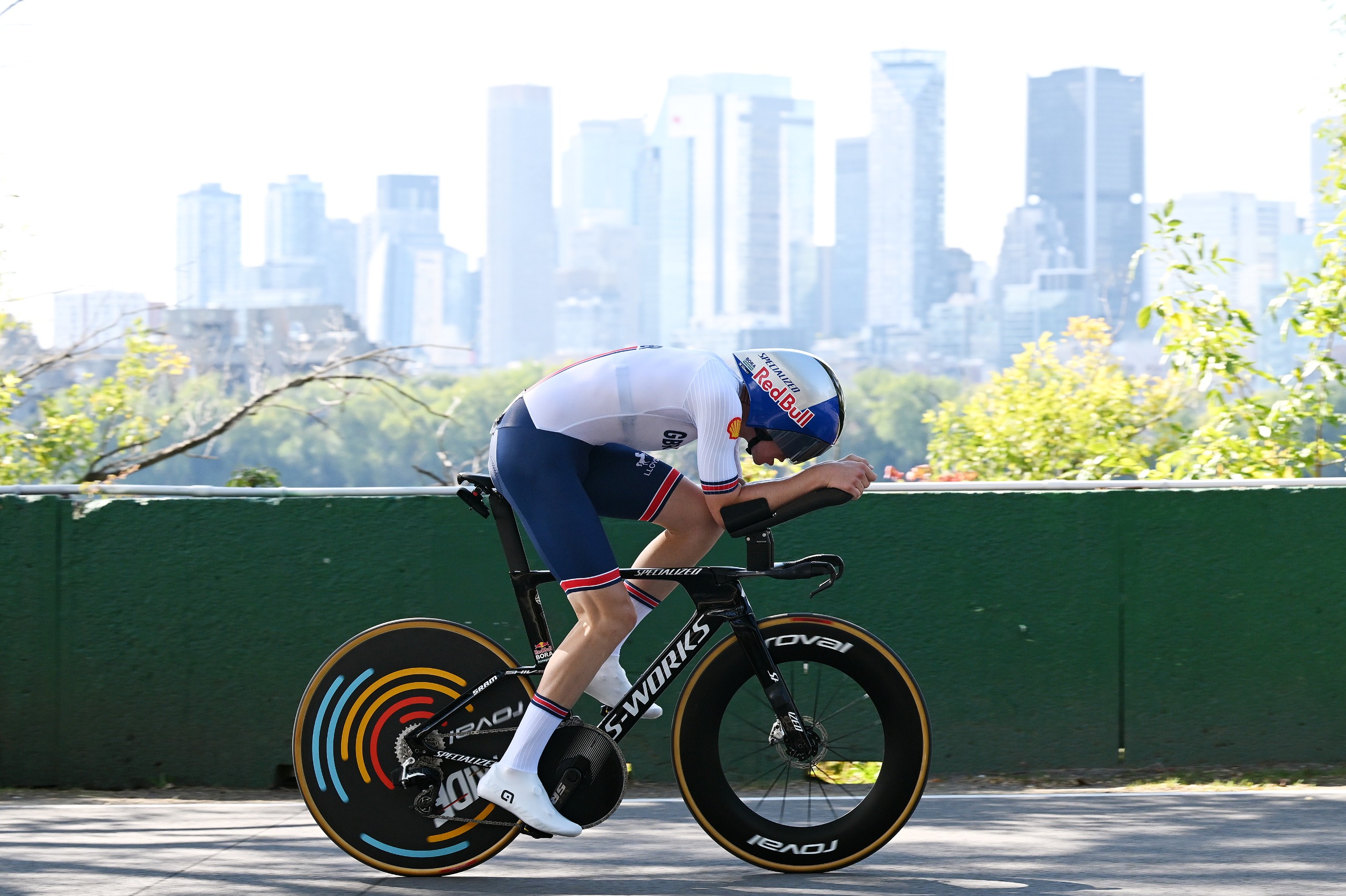 Callum Thornley rides for Team GB during the men's elite time trial at the 2026 Road World Championships in Montreal