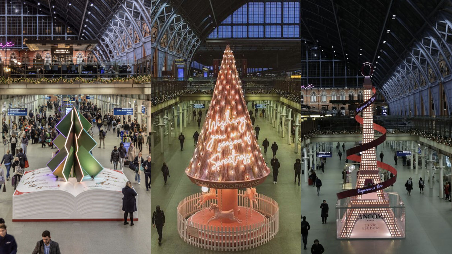 Photos of Christmas trees at St Pancras International 2019-2021.