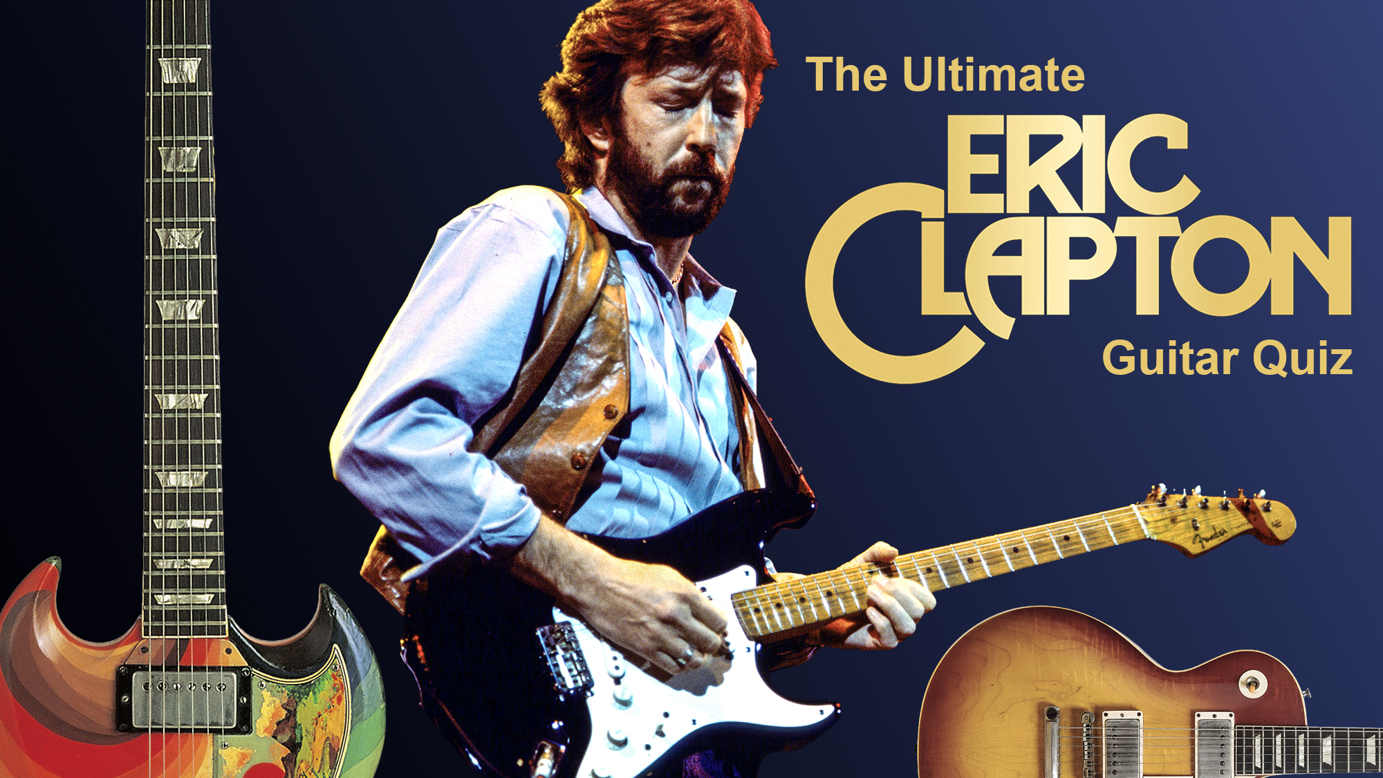 A photo composite for the Ultimate Eric Clapton Guitar Quiz, showing Clapton playing his Blackie Strat during his 'Money and Cigarettes' tour in 1983. 