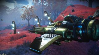 No Man’s Sky ship docked on a tropical planet with vibrant red grass, and plants with luminous bulbs