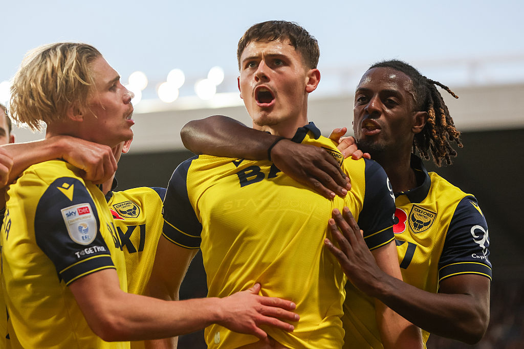 Will Lankshear, 27, of Oxford United, is congratulated for the goal during the Sky Bet Championship match between West Bromwich Albion and Oxford United at The Hawthorns in West Bromwich, England, on November 8, 2025. (Photo by Stuart Leggett/MI News/NurPhoto via Getty Images)