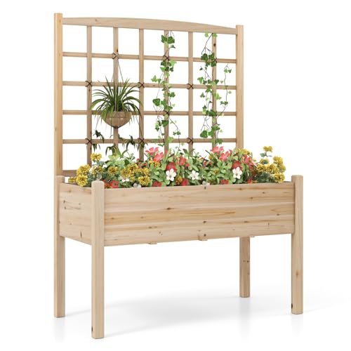 Happygrill Raised Garden Bed With Lattice Trellis, 4 Drainage Holes, Wooden Elevated Planter Box With Legs for Climbing Vine, Hanging Small Flower Baskets, Outdoor Gardening Planter for Patio Balcony