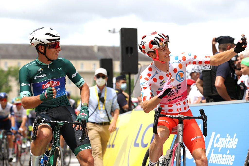 PAU FRANCE JULY 05 LR Jasper Philipsen of Belgium and Team AlpecinDeceuninck Green points jersey Neilson Powless of The United States and Team EF EducationEasyPost Polka dot Mountain Jersey prior to stage five of the 110th Tour de France 2023 a 1627km stage from Pau to Laruns UCIWT on July 05 2023 in Pau France Photo by Michael SteeleGetty Images