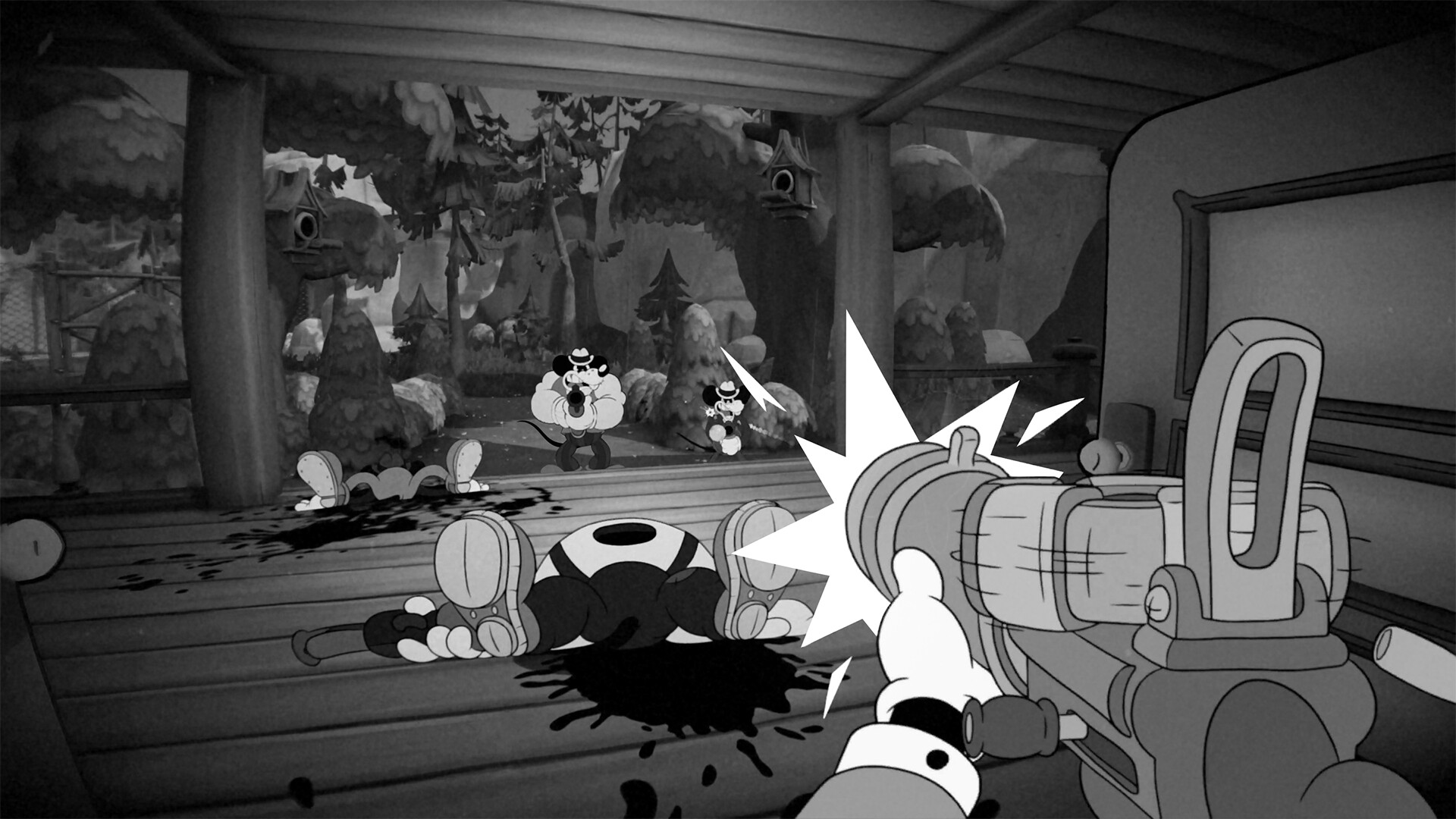 Mouse P.I. For Hire screenshot showing a gun firing at mice dressed as &#039;30s gangsters in a hand drawn old cartoon black and white art style