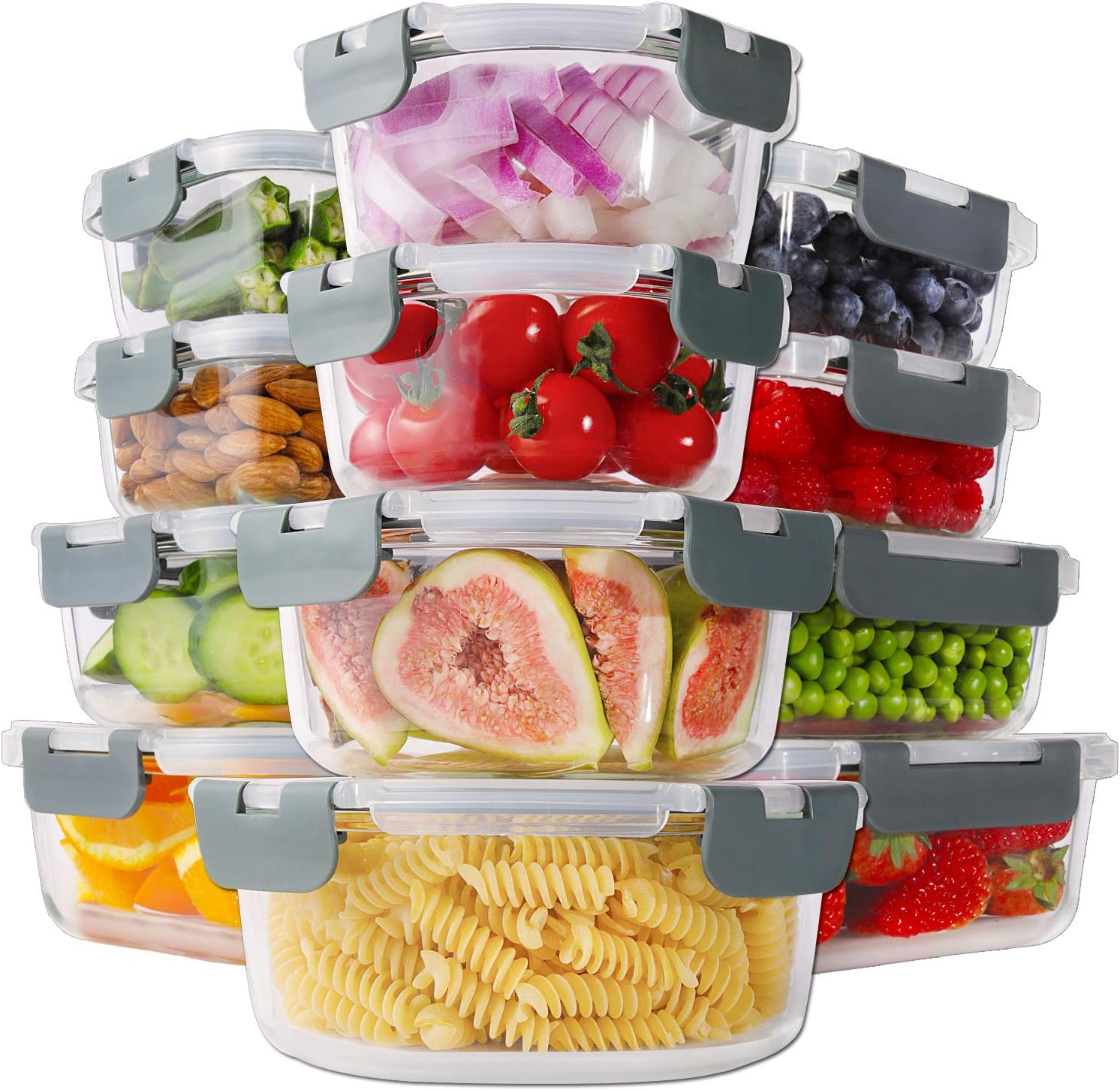 Homberking 24pc Borosilicate Glass Food Storage Containers With Lids, Glass Meal Prep Containers With Leak Proof Snap Lock Lids, Airtight Bento Lunch Boxes, Kitchen Storage (12 Lids &amp;amp; 12 Containers)