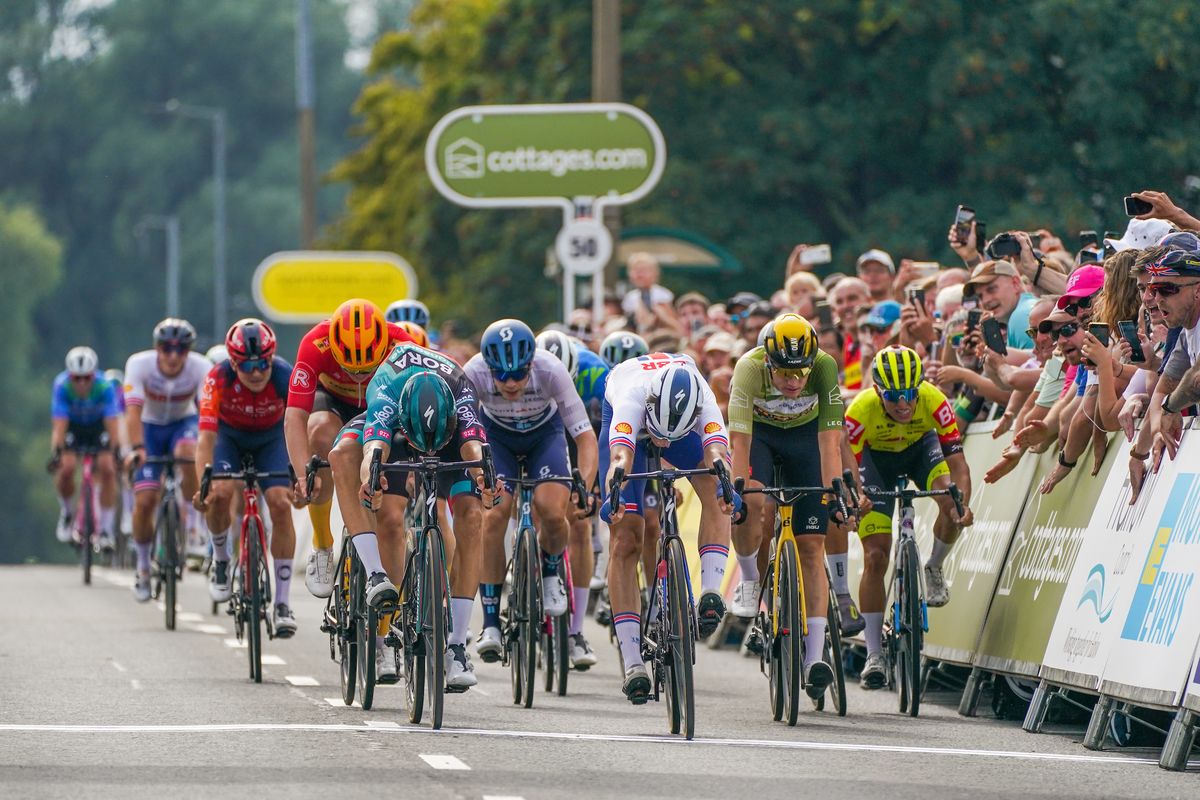 Picture by Zac Williams/SWpix.com - 08/09/2023 - Cycling - 2023 Tour of Britain - Stage 6: Southend-on-Sea to Harlow (146.2km) - Danny Van Poppel of Team Bora Hansgrohe Wins Stage 6 of the 2023 Tour of Britain in Harlow with Ethan Vernon of Team Great Britain in second