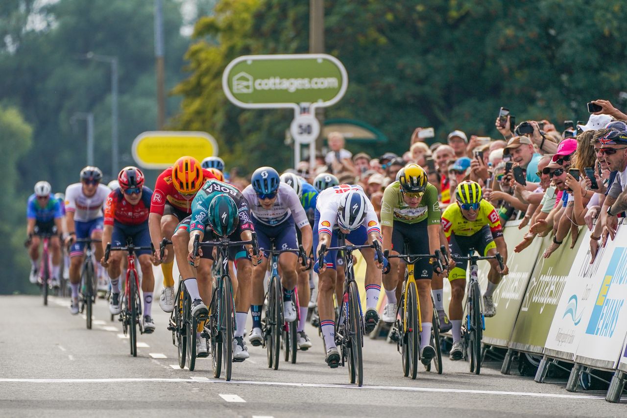 Picture by Zac Williams/SWpix.com - 08/09/2023 - Cycling - 2023 Tour of Britain - Stage 6: Southend-on-Sea to Harlow (146.2km) - Danny Van Poppel of Team Bora Hansgrohe Wins Stage 6 of the 2023 Tour of Britain in Harlow with Ethan Vernon of Team Great Britain in second