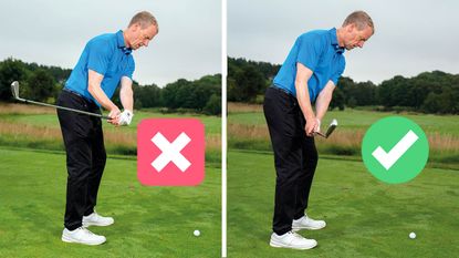 Golf Monthly Top 50 Coach Neil Marr demonstrating an inside takeaway golf swing (left) and the correct technique (right)