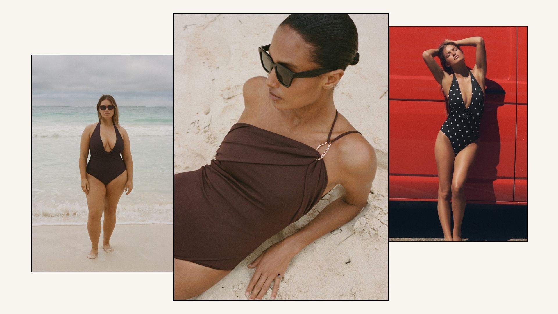 Three women wearing high street swimwear
