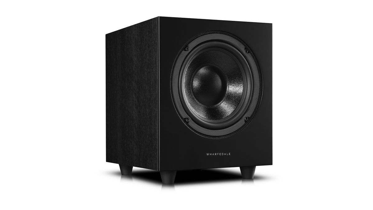 An angled view of the square subwoofer included as part of the Wharfedale DX-3 HCP. It is black and the background is white.
