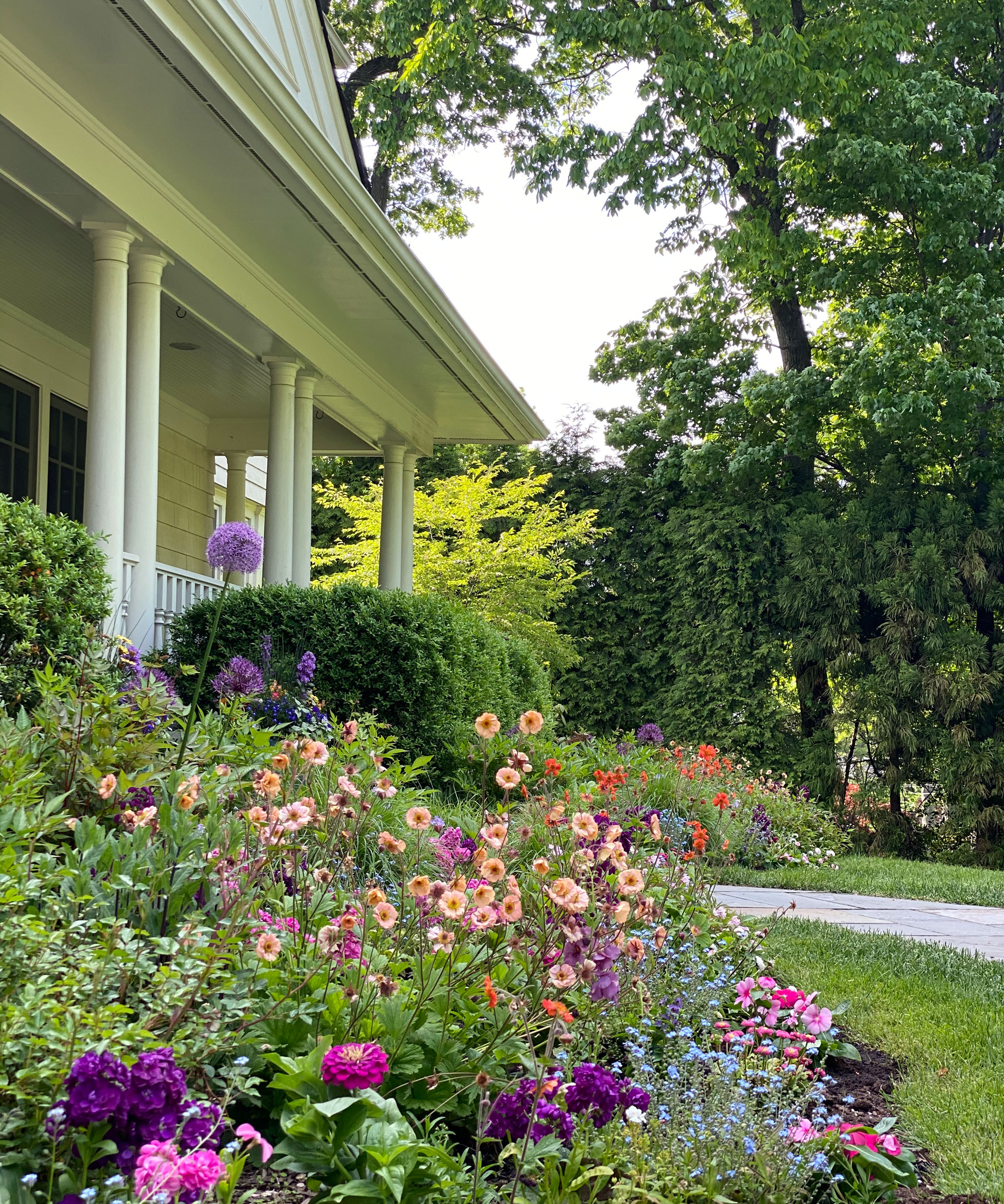 brightly coloured flowerbed with lots of blooms in front of verandah, with trees, lawn and a garden path
