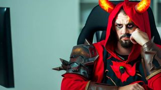 Man sits bored at desk because he want's to play Diablo 4, he is in full cosplay.