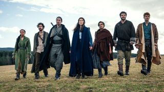 The main cast of The Wheel of Time on Prime Video walking towards a camera