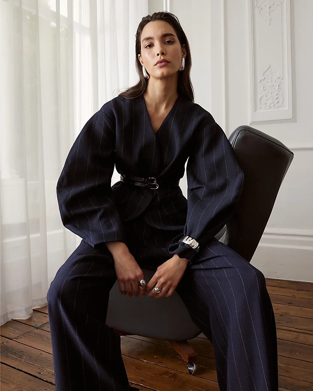 Navy Pinstripe Cocoon Sleeve Blazer