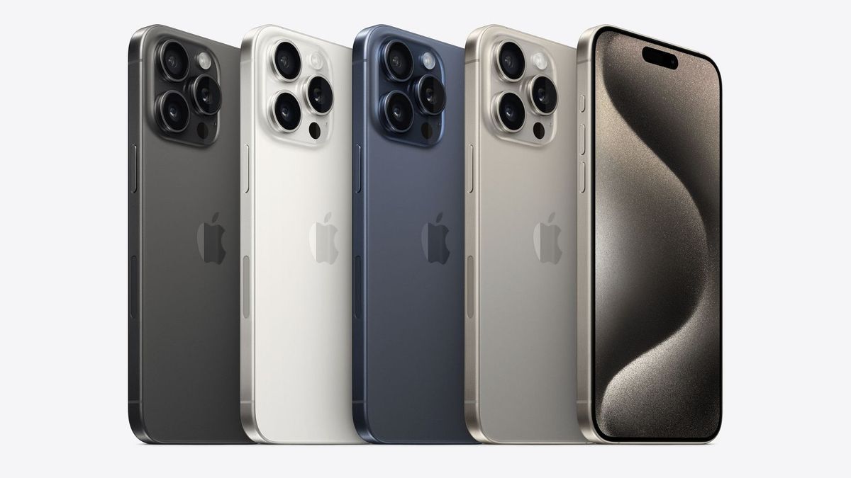 Five iPhone 15 Pro Max devices side by side, showing all of the available colours.