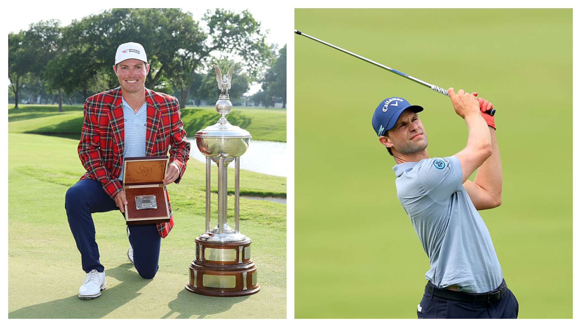 Thomas Detry with the Leonard Trophy at the Charles Schwabb Challenge in 2025 and Thomas Detry holding the pose after hitting a shot at the 2025 US Open