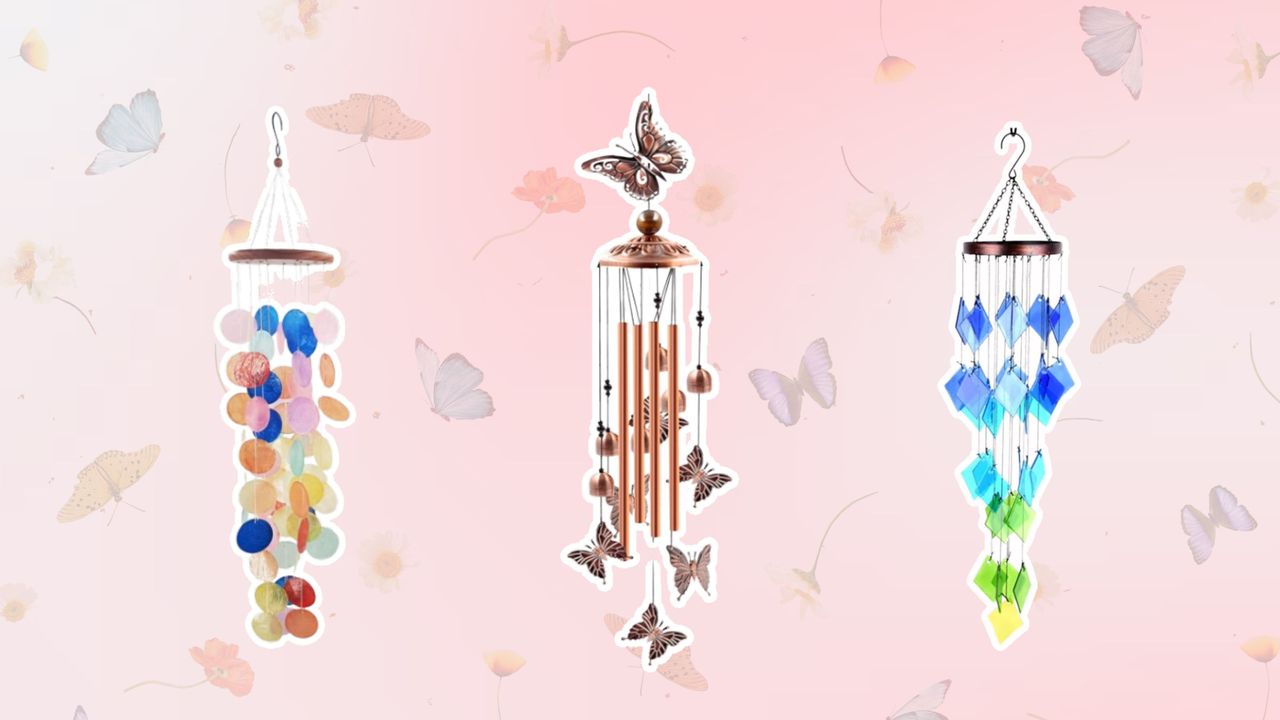 Three wind chimes on a pink background with butterflies and flowers