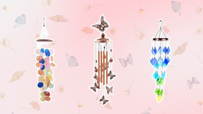 Three wind chimes on a pink background with butterflies and flowers