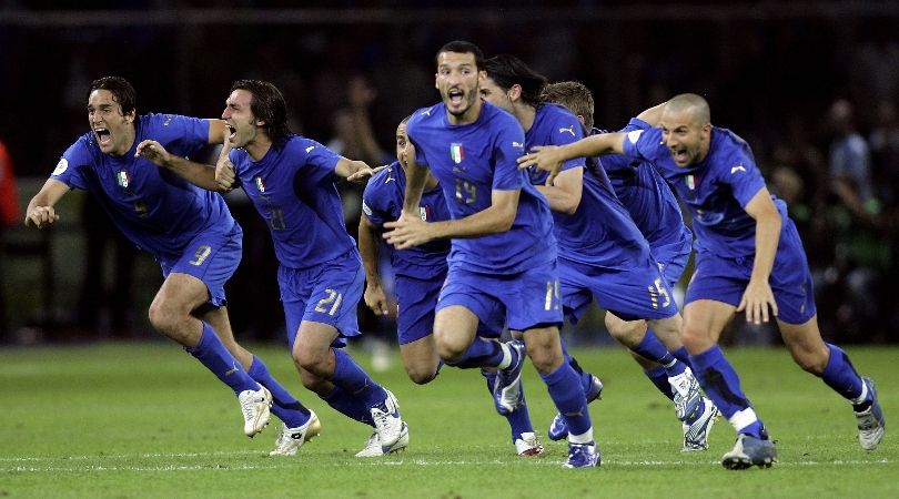 Italy players celebrate victory on penalties over France in the 2006 World Cup final.