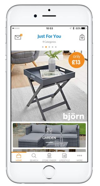 b and m app has grey table and sofa