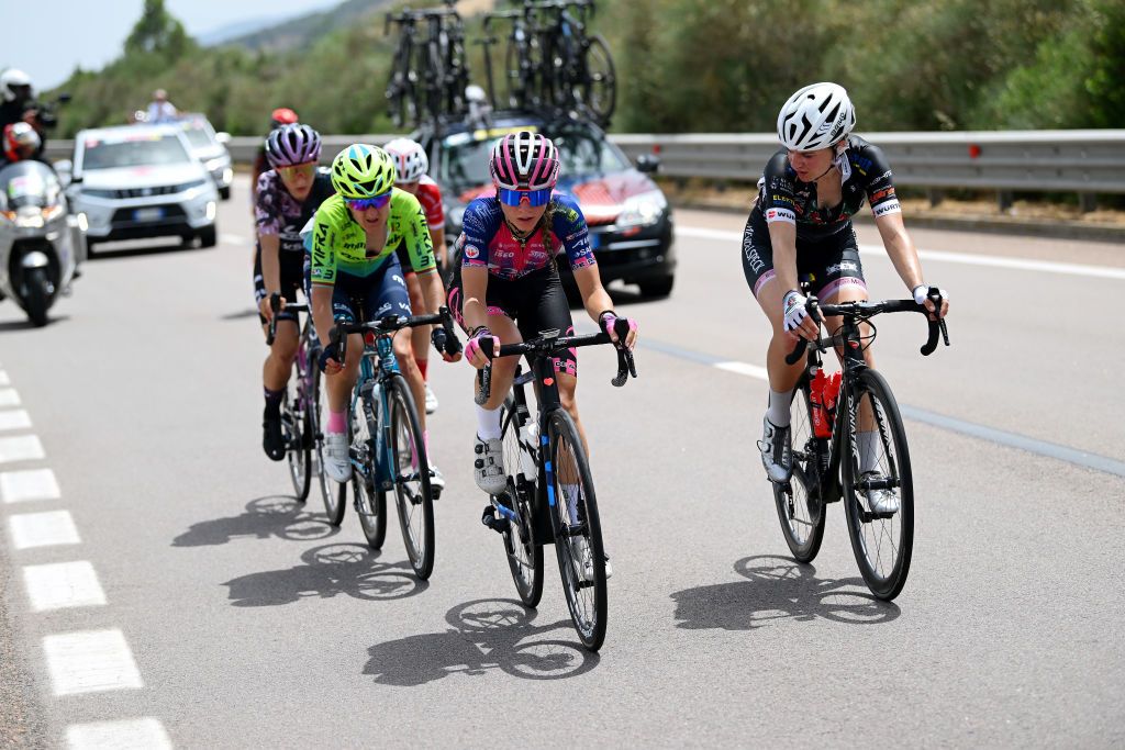 TORTOLI ITALY JULY 01 LR Matilde Vitillo of Italy and Team Bepink and Francesca Pisciali of Italy and Team Mendelspeck compete in the breakaway during the 33rd Giro dItalia Donne 2022 Stage 2 a 1065km stage from Villasimius to Tortoli GiroDonne UCIWWT on July 01 2022 in Tortoli Italy Photo by Dario BelingheriGetty Images
