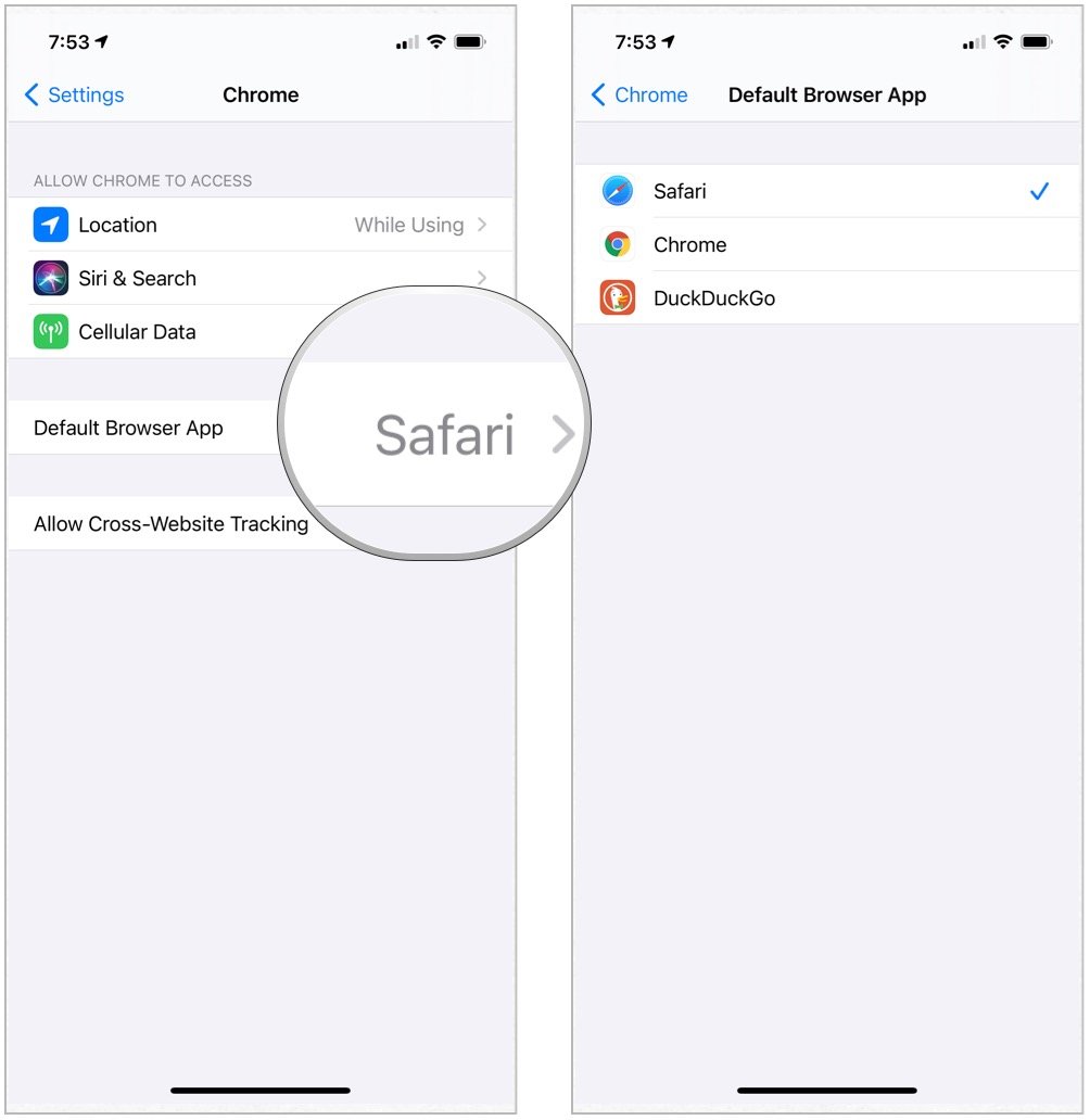 To change the default browser app on iPhone and iPad, tap the Settings app, select the Default Browser App then choose the app from the list.