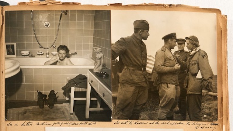 Section of scrapbook showing two photos: Lee Miller in a bath, and two captured SS soldiers