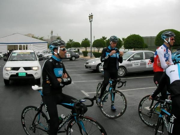 Team Sky wait to start a training ride on Saturday