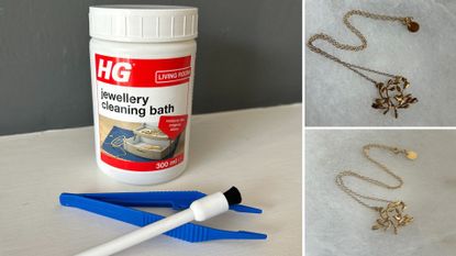 HG jewellery cleaning bath and a before and after of a necklace that&#039;s been cleaned 