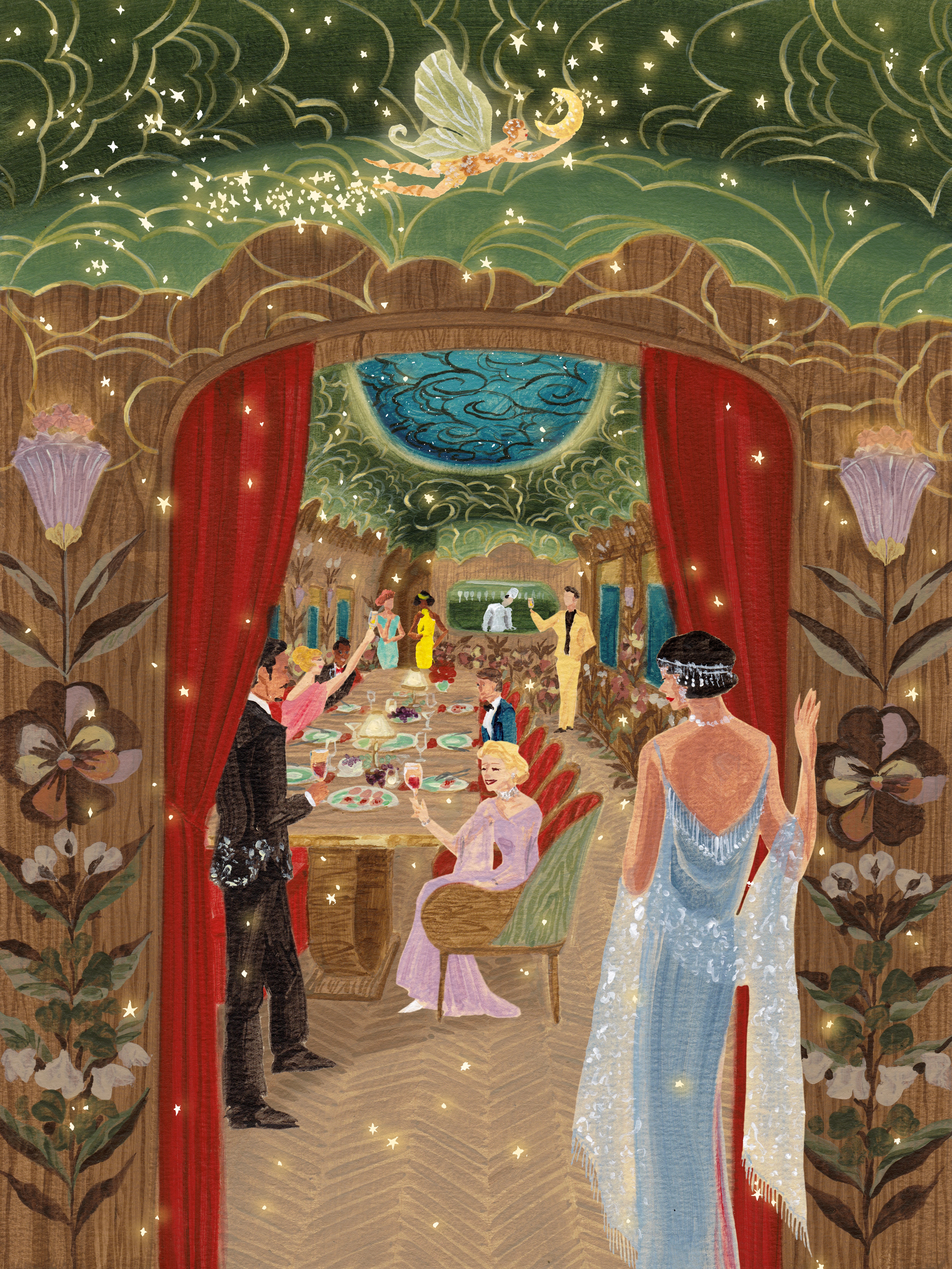 The glamorous interiors of a fantasy luxury train, depicted in an illustration featuring dressed-to-the-nines guests enjoying food and drinks inside of it as flowers and greenery spreads above their heads.