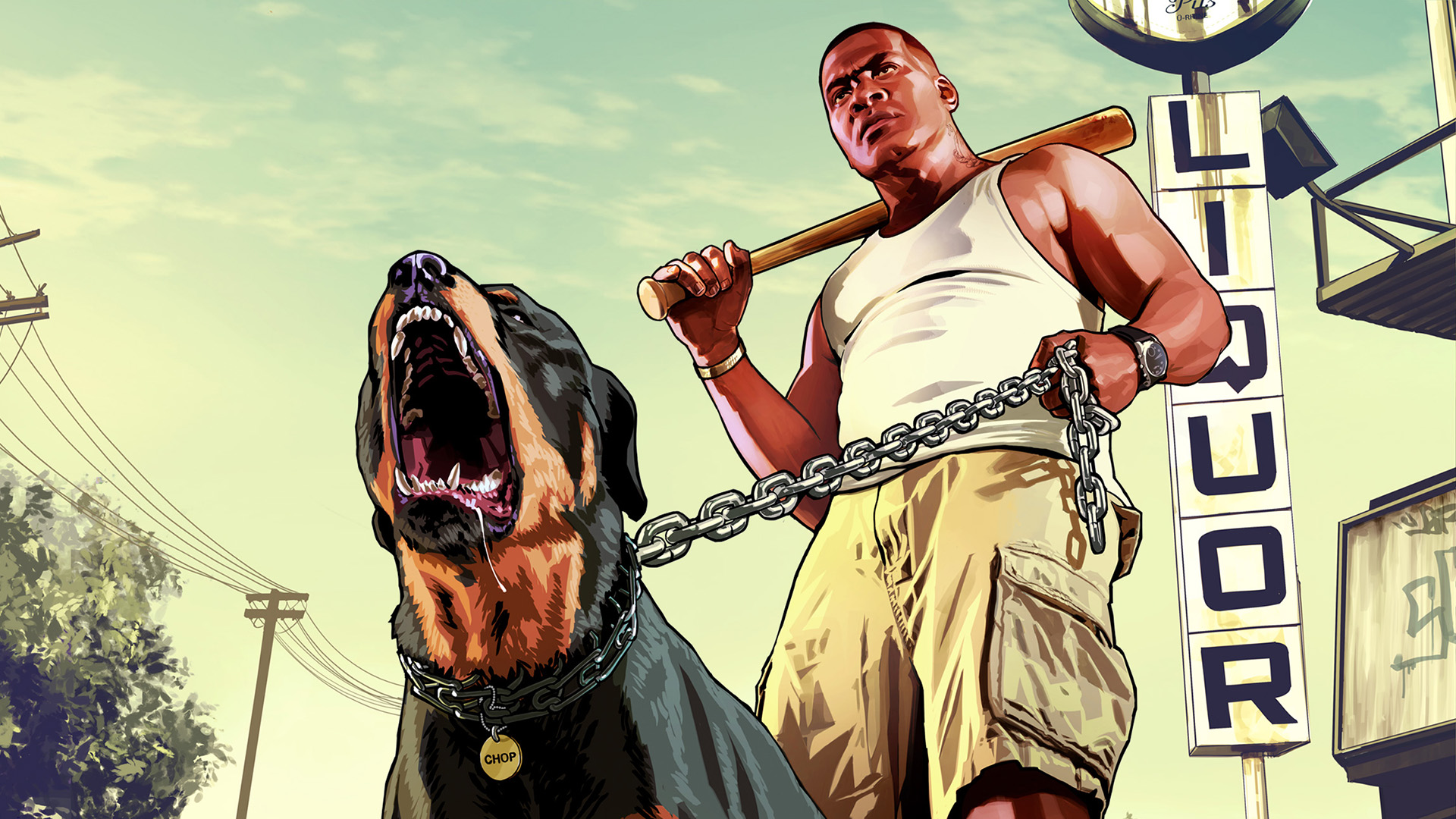 Key art for GTA 5 showing Franklin Clinton walking his slobbering dog Chop in the streets of Los Santos, baseball bat slung over his shoulder