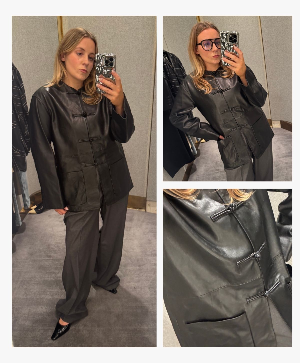 Who What Wear'dan Rebecca Rhys-Evans, Róhe deri Mandarin ceketi ve özel dikim gri pantolonuyla stilini yansıtıyor.