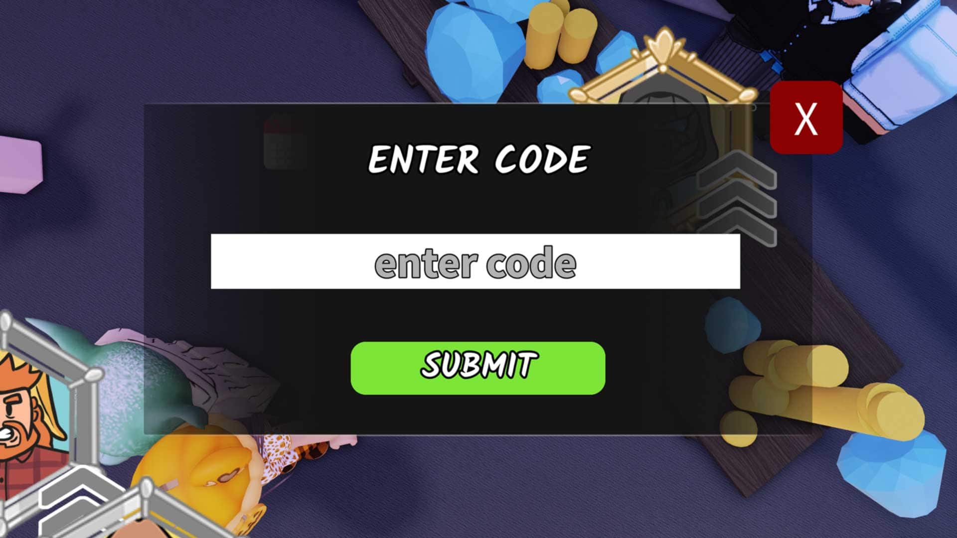 The 'enter code' menu from 99 Nights in the Forest. There's a green submit button at the bottom.